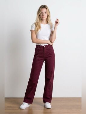 Zara Wide Leg Women's Burgundy Jeans | 100% Cotton | Size 6 | High Waisted